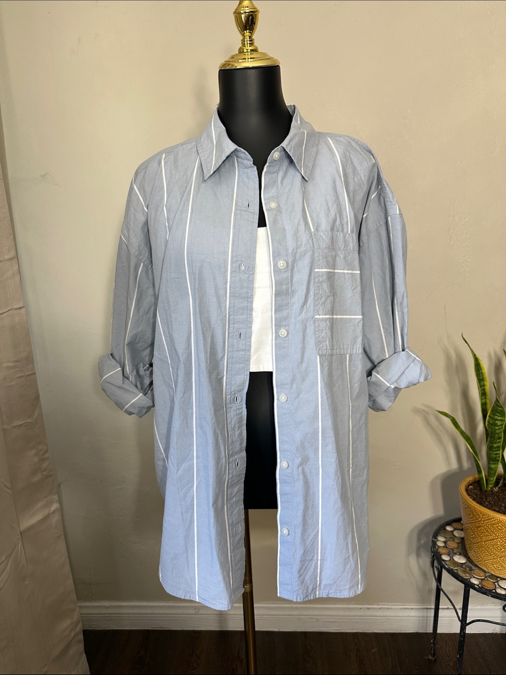 SO Blue and White Vertical-Stripe Button Down Shirt